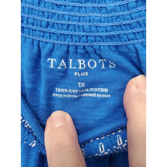 TALBOTS Plus 100% Cotton Slub Knit Blue Smocked Neck Short Sleeve Blouse Size 1X - Picture 3 of 5